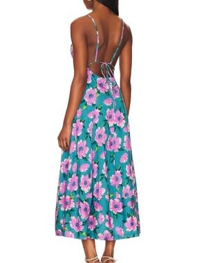Free People Teal Midi Dress with Pink Floral Pattern